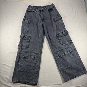 Rise Cargo Jeans Womens Size 11 Black Wash Denim Wide Leg Baggy Y2K Skate Grunge